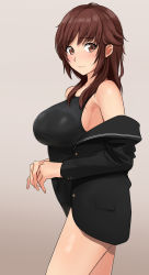 Rule 34 | 1girl, amagami, black jacket, black one-piece swimsuit, blazer, breasts, brown eyes, brown hair, competition swimsuit, cowboy shot, highres, jacket, kibito high school uniform, large breasts, looking at viewer, medium hair, one-piece swimsuit, sakurai rihoko, school uniform, short hair, sidelocks, solo, standing, swimsuit, swimsuit under clothes, yoo tenchi