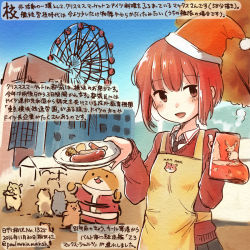 Rule 34 | 10s, 1girl, 2016, admiral (kancolle), alternate costume, animal, apron, black necktie, boots, brown eyes, christmas, colored pencil (medium), dated, day, ferris wheel, food, hamster, hat, kantai collection, kirisawa juuzou, necktie, non-human admiral (kancolle), numbered, open mouth, red hair, red sweater, santa costume, santa hat, sausage, short hair, sweater, traditional media, translation request, twitter username, z3 max schultz (kancolle)