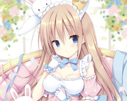 Rule 34 | 1girl, animal ears, blue eyes, blurry, blurry background, blush, breasts, brown hair, copyright request, couch, crown, depth of field, detached sleeves, dress, gloves, hair between eyes, hands up, izuminanase, long hair, looking at viewer, maid headdress, medium breasts, mini crown, official art, on couch, parted lips, petals, pink dress, pink sleeves, puffy short sleeves, puffy sleeves, rabbit ears, short sleeves, sleeveless, sleeveless dress, solo, stuffed animal, stuffed rabbit, stuffed toy, tilted headwear, upper body, white gloves