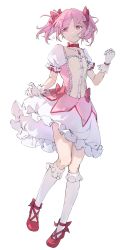 Rule 34 | 1girl, absurdres, bubble skirt, frilled socks, frills, full body, gloves, highres, kafuuchino (chouti), kaname madoka, kneehighs, looking at viewer, magical girl, mahou shoujo madoka magica, mahou shoujo madoka magica (anime), pink eyes, pink hair, red footwear, short hair, short sleeves, short twintails, simple background, skirt, socks, solo, tearing up, twintails, white background, white gloves, white socks