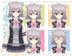 Rule 34 | 1girl, ascot, black jacket, black skirt, blazer, blush, bow, bowtie, character name, closed eyes, commentary request, double bun, expression chart, expressions, facing viewer, grey hair, grey sweater, grin, hair bun, hair ornament, hairclip, hokkana, jacket, koharu rikka, looking at viewer, miniskirt, pink bow, pink bowtie, pleated skirt, pout, purple eyes, school uniform, short hair, skirt, smile, sweater, v-shaped eyebrows, voiceroid