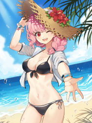 Rule 34 | 1girl, ;d, adjusting clothes, adjusting headwear, artist name, bad id, bad pixiv id, beach, bead bracelet, beads, bikini, black bikini, blush, bracelet, braid, breasts, brown hair, day, flower, gluteal fold, hand up, hat, hat flower, highres, jewelry, medium breasts, ocean, one eye closed, open mouth, original, outdoors, outstretched hand, pink hair, red eyes, risem, smile, solo, standing, straw hat, sun hat, swimsuit, wet
