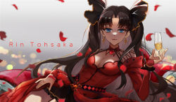 Rule 34 | 1girl, aquarzaaa, black skirt, blue eyes, breasts, brown hair, character name, cleavage, closed mouth, earrings, fate/grand order, fate (series), floating hair, grey background, hair intakes, highres, holding, jewelry, lens flare, long hair, long sleeves, looking at viewer, medium breasts, miniskirt, petals, ring, skirt, smile, solo, tohsaka rin, tohsaka rin (formalcraft), very long hair
