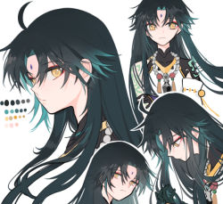 Rule 34 | 1boy, ahoge, arm guards, arm tattoo, armor, asymmetrical clothes, bad id, bad twitter id, bead necklace, beads, black gloves, black hair, closed mouth, detached sleeves, diamond (shape), eyeshadow, facial mark, forehead mark, genshin impact, gloves, green gloves, green hair, jewelry, litsoco, long hair, looking at viewer, makeup, male focus, multicolored hair, necklace, parted bangs, pendant, red eyeshadow, shoulder armor, shoulder pads, shoulder spikes, simple background, single bare shoulder, single detached sleeve, solo, spikes, tassel, tattoo, two-tone hair, white background, xiao (genshin impact), yellow eyes