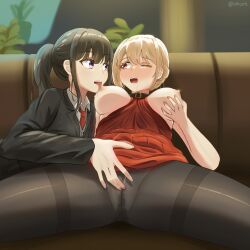 Rule 34 | 2girls, absurdres, artist name, black hair, blonde hair, blush, breasts, couch, dress, eye contact, female focus, formal, grabbing own breast, highres, indoors, inoue takina, large breasts, licking, licking nipple, linhoct11, long hair, looking at another, lycoris recoil, multiple girls, nail polish, necktie, nipple stimulation, nishikigi chisato, official alternate costume, official alternate hairstyle, one eye closed, open mouth, orange eyes, pantyhose, ponytail, purple eyes, pussy juice stain, red dress, saliva, spread legs, suit, teeth, tongue, tongue out, upper teeth only, yuri