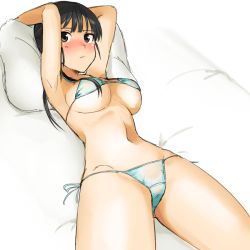 Rule 34 | 1girl, arms up, bad id, bad pixiv id, bed sheet, bikini, black eyes, black hair, blush, breasts, closed mouth, commentary request, kumade (72153), large breasts, long hair, looking at viewer, lying, navel, on back, pillow, ponytail, sakamoto mio, side-tie bikini bottom, sketch, solo, strike witches, swimsuit, underboob, white bikini, world witches series