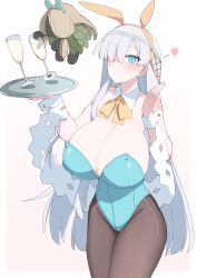 Rule 34 | 1girl, akitokage, alcohol, alternate breast size, alternate costume, anastasia (fate), animal ears, aqua leotard, bare shoulders, blue eyes, blush, bow, bowtie, breasts, brown pantyhose, cleavage, closed mouth, commentary request, detached collar, doll, fake animal ears, falling, fate/grand order, fate (series), fishnet pantyhose, fishnets, floating, floating object, glass, gradient background, grey background, groin, hair over one eye, hairband, hands up, heart, highres, holding, holding tray, huge breasts, large breasts, leotard, long hair, looking at viewer, pantyhose, playboy bunny, rabbit ears, solo, straight hair, strapless, strapless leotard, tray, very long hair, white background, wrist cuffs, yellow bow