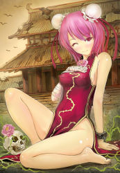 Rule 34 | 1girl, architecture, bandaged arm, bandages, bare shoulders, barefoot, breast suppress, breasts, bun cover, china dress, chinese clothes, covered erect nipples, cuffs, double bun, dress, east asian architecture, face, feet, female focus, flower, hair bun, highres, ibaraki kasen, jpeg artifacts, legs, no bra, no panties, one eye closed, pink flower, pink hair, pink rose, red eyes, rose, sai-go, short hair, sideboob, skull, solo, touhou, wink