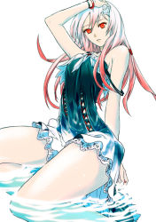 Rule 34 | 10s, 1girl, bare shoulders, bracelet, dress, guilty crown, hair ornament, hairclip, hand in own hair, jewelry, lace, long hair, looking at viewer, nail polish, open mouth, pink hair, red eyes, saitou rokuro, simple background, sitting, sleeveless, solo, strap slip, thick thighs, thighs, water, wet, white background, yuzuriha inori