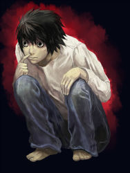 Rule 34 | 00s, 1boy, bad id, bad pixiv id, bags under eyes, barefoot, black eyes, black hair, death note, hidezi, l (death note), male focus, simple background, solo, squatting, toes