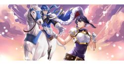 Rule 34 | 1boy, 1girl, absurdres, armor, beckoning, black hair, blue cape, blue hair, breastplate, cape, cloud, commission, commissioner upload, crying, crying with eyes open, fire emblem, fire emblem: genealogy of the holy war, gloves, happy, happy tears, headband, highres, horse, horseback riding, larcei (fire emblem), looking at another, nintendo, open hand, outstretched arm, outstretched hand, purple tunic, reaching, reins, riding, saddle, seliph (fire emblem), short hair, shoulder armor, sky, smile, tearing up, tears, tunic, white headband, white horse, xiiicaelum
