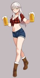 Rule 34 | 1girl, alternate costume, bbk (13zk), beer mug, boots, breasts, brown footwear, checkered clothes, checkered shirt, cleavage, collarbone, commission, cropped shirt, cup, denim, denim shorts, fire emblem, fire emblem: radiant dawn, full body, grey background, grey hair, half updo, highres, holding, holding cup, long hair, medium breasts, micaiah (fire emblem), midriff, mug, navel, nintendo, shirt, short sleeves, shorts, simple background, smile, solo, tied shirt, twin peaks (restaurant), yellow eyes