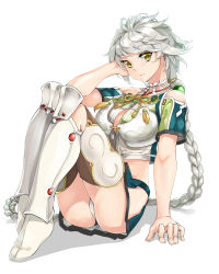 Rule 34 | 10s, 1girl, arm support, ass, asymmetrical hair, bare shoulders, braid, breasts, cleavage cutout, clothing cutout, cloud print, crop top, female focus, green thighhighs, kantai collection, large breasts, light smile, long hair, looking at viewer, midriff, miniskirt, onmyouji, panties, pantyshot, peperoncirno, pleated skirt, ruffling hair, silver hair, simple background, single braid, sitting, skirt, smile, solo, thighhighs, underwear, unryuu (kancolle), very long hair, white background, yellow eyes