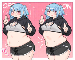 Rule 34 | 1girl, arrow (symbol), blue hair, blush, border, breasts, character request, cleavage, commentary request, copyright request, cowboy shot, cropped hoodie, dolphin shorts, dot nose, double v, drawstring, english text, fusa (starless2323), gradient background, grey shorts, half-closed eyes, highres, hood, hoodie, looking at viewer, medium breasts, muffin top, multiple views, navel, open mouth, outside border, pink background, pink eyes, plump, puff of air, shorts, sidelocks, sports bra, sweat, thick thighs, thighs, translation request, two side up, v, white border