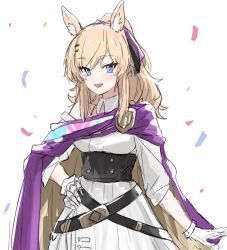 Rule 34 | 1girl, :d, animal ear fluff, animal ears, arknights, bare shoulders, belt, black belt, blonde hair, blue eyes, cape, confetti, cowboy shot, dress, gloves, hand on own hip, highres, horn/wood, long hair, long sleeves, looking at viewer, official alternate costume, open mouth, simple background, smile, solo, standing, whislash (arknights), whislash (glory purple) (arknights), white background, white dress, white gloves