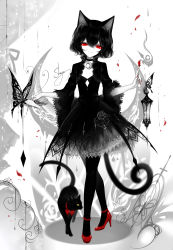 Rule 34 | 1girl, absurdres, animal ears, artist name, black choker, black dress, black hair, black pantyhose, bow, bowtie, bug, butterfly, cat ears, cat tail, choker, commentary request, crescent, crescent choker, dress, eyelashes, flower, full body, high heels, highres, holding, holding flower, insect, lantern, limited palette, looking at viewer, nail polish, original, pantyhose, petals, pumps, red bow, red bowtie, red eyes, red flower, red footwear, red nails, red rose, rose, rose petals, sheya, signature, simple background, smile, solo, spot color, standing, tail, white background