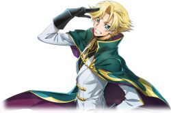 Rule 34 | 1boy, arm up, artist request, black gloves, black shirt, blonde hair, blue eyes, cape, code geass, code geass: lost stories, cropped torso, from side, game cg, gino weinberg, gloves, green cape, grin, hair intakes, hand on own hip, happy, high collar, highres, jacket, long sleeves, looking at viewer, male focus, military uniform, non-web source, official art, salute, shirt, short hair, sidelocks, simple background, smile, solo, standing, teeth, transparent background, two-finger salute, two-sided cape, two-sided fabric, uniform, upper body, white jacket