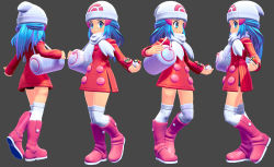 Rule 34 | 1girl, 3d, arnaud tegny, bag, blue eyes, blue hair, boots, coat, contrapposto, creatures (company), dawn (pokemon), full body, game freak, highres, long hair, multiple views, nintendo, over-kneehighs, poke ball, pokemon, pokemon dppt, pokemon platinum, scarf, simple background, standing, thighhighs, white thighhighs