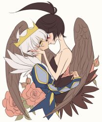 Rule 34 | 1boy, 1girl, ahoge, ballerina, bare shoulders, black hair, blue jacket, brown wings, cropped legs, crown, expressionless, face-to-face, feathered wings, flower, from side, hand on another&#039;s face, hand up, jacket, juliet sleeves, long sleeves, looking at another, meremero, mytho (princess tutu), open mouth, prince, princess kraehe, princess tutu, profile, puffy sleeves, red eyes, red flower, red rose, rose, rue (princess tutu), short hair, smile, standing, tutu, white hair, wings, yellow eyes