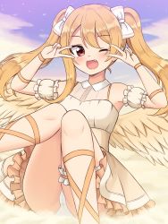 Rule 34 | 1girl, ;d, absurdres, asymmetrical bangs, bare shoulders, blonde hair, bow, cameltoe, commentary request, dot nose, dress, fang, feathered wings, feet out of frame, frilled dress, frills, hair between eyes, hair bow, hands up, highres, knees together feet apart, one eye closed, open mouth, original, outdoors, panties, shiraha maru, smile, solo, thigh strap, twintails, underwear, v, white bow, white panties, wings