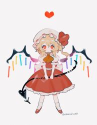Rule 34 | 1girl, ascot, blonde hair, bow, chibi, crystal, flandre scarlet, frills, full body, hair between eyes, hat, hat ribbon, highres, laevatein (touhou), looking at viewer, medium hair, mob cap, o o, one side up, puffy short sleeves, puffy sleeves, red bow, red eyes, red footwear, red ribbon, red skirt, red vest, ribbon, shirt, shoes, short sleeves, side ponytail, simple background, skirt, sobamushi mo, solo, standing, touhou, vest, white hat, white legwear, white shirt, wings, yellow ascot