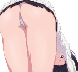 Rule 34 | 10s, 1girl, ass, bent over, black hair, black skirt, blue eyes, cameltoe, commentary request, covered mouth, grey panties, gridman universe, jacket, looking at viewer, looking back, miniskirt, panties, pleated skirt, simple background, sincos, skirt, solo, ssss.gridman, standing, takarada rikka, underwear, wedgie, white background, white jacket