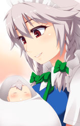 Rule 34 | 1girl, baby, baby carry, bad id, bad pixiv id, bow, braid, breasts, carrying, closed eyes, collared shirt, commentary request, from side, gradient background, hair bow, hayashi custom, highres, izayoi sakuya, looking at another, looking down, maid, maid headdress, mother and son, pink background, red eyes, ribbon, shirt, short sleeves, silver hair, sleeping, smile, teeth, touhou, twin braids, upper body