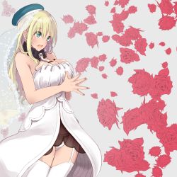 Rule 34 | 10s, 1girl, alternate costume, aqua eyes, atago (kancolle), bara, bare arms, bare shoulders, blonde hair, breast press, breasts, bridal veil, dress, eyes visible through hair, floral background, flower, garter straps, hair between eyes, highres, kantai collection, large breasts, long hair, off-shoulder dress, off shoulder, open mouth, own hands together, panties, red flower, red rose, rose, rose background, short dress, solo, tebi (tbd11), thighhighs, thighs, underwear, veil, white dress, white panties, white thighhighs