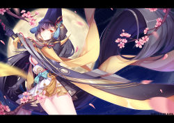 Rule 34 | 1girl, artist name, black hair, breasts, cherry blossoms, dated, full moon, highres, holding, holding sword, holding weapon, kan (rainconan), large breasts, letterboxed, long hair, looking at viewer, moon, night, onmyoji, orange eyes, sky, solo, star (sky), starry sky, sword, weapon, yaodao ji