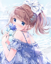 Rule 34 | 1girl, blue dress, blue eyes, blue flower, blush, bow, brown hair, commentary request, covered mouth, day, dress, floral print, flower, flower over mouth, hair bow, hair ornament, hands up, highres, holding, holding flower, kimishima ao, looking at viewer, momoi saki, off-shoulder dress, off shoulder, original, outdoors, ponytail, print dress, puffy short sleeves, puffy sleeves, resolution mismatch, short sleeves, sitting, solo, source smaller, water, waves, white bow