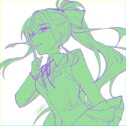 1girl ayuda_ayutaro blazer collared_shirt commentary_request doki_doki_literature_club finger_to_mouth green_theme hair_ribbon jacket limited_palette long_hair monika_(doki_doki_literature_club) neck_ribbon ponytail ribbon school_uniform shirt signature simple_background skirt solo white_background