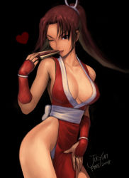 Rule 34 | 1girl, breasts, bridal gauntlets, brown eyes, brown hair, cleavage, folded fan, collarbone, commentary, hand fan, fatal fury, folding fan, gloves, heart, japanese clothes, jayun, large breasts, loincloth, long hair, one eye closed, panties, pelvic curtain, ponytail, revealing clothes, shiranui mai, smile, snk, solo, the king of fighters, underwear, wink