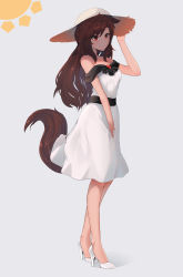 Rule 34 | 1girl, absurdres, adapted costume, animal ears, bare arms, bare shoulders, brooch, brown hair, dress, ehrrr, full body, grey background, hand up, hat, high heels, highres, imaizumi kagerou, jewelry, pumps, red eyes, shoes, simple background, solo, standing, sun hat, sundress, tail, touhou, white dress, white footwear, wolf ears, wolf tail