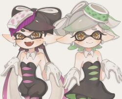 Rule 34 | 2girls, bare shoulders, black dress, black hair, bow-shaped hair, callie (splatoon), closed mouth, collar, collarbone, cousins, detached collar, dress, earrings, eyelashes, fang, food, food on head, gloves, gradient hair, green hair, grey hair, highres, hoop earrings, inkling, jewelry, lemo (lemo 4), long hair, long pointy ears, looking at viewer, marie (splatoon), mole, mole under eye, multicolored hair, multiple girls, nintendo, object on head, open mouth, pantyhose, pink hair, pointy ears, short hair, simple background, smile, splatoon (series), standing, star-shaped pupils, star (symbol), strapless, strapless dress, sushi, symbol-shaped pupils, tentacle hair, thick eyebrows, two-tone hair, white background, white collar, white gloves, yellow eyes