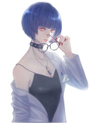 Rule 34 | 10s, 1girl, bad id, bad pixiv id, bespectacled, blue hair, brown eyes, choker, collarbone, eyebrows, glasses, holding, holding glasses, jewelry, lab coat, long sleeves, looking at viewer, nail polish, necklace, niedola, off shoulder, persona, persona 5, red nails, short hair, simple background, smile, solo, takemi tae, upper body, white background