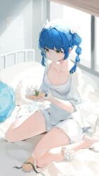 Rule 34 | 1girl, absurdres, animal, blue hair, braid, breasts, closed mouth, dress, green eyes, hedgehog, highres, holding, holding animal, lumeru 33, medium breasts, on bed, original, pillow, puffy short sleeves, puffy sleeves, short dress, short sleeves, sitting, smile, solo, twin braids, twintails, wariza, white dress, window