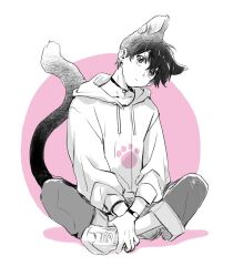 Rule 34 | 1boy, animal ears, bishounen, black wristband, cat ears, cat tail, closed mouth, collar, commentary, hand on own foot, highres, hood, hoodie, korean commentary, legs folded, long sleeves, looking at viewer, male focus, minmimm 00, original, pants, partially colored, paw print, shoes, short hair, simple background, sneakers, solo, tail, white background