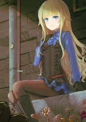 Rule 34 | 1girl, black bow, black footwear, black gloves, blonde hair, blue bow, blue eyes, blue shirt, blue skirt, blunt bangs, boots, bow, brown pantyhose, closed mouth, corset, dress shirt, gloves, highres, knee boots, long hair, long sleeves, looking at viewer, miniskirt, okina (805197), pantyhose, princess (princess principal), princess principal, shirt, sitting, skirt, smile, solo, straight hair, very long hair