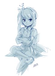 Rule 34 | 10s, 1girl, 2015, 4suke, artist name, blue theme, bow, crossed arms, crossed legs, dated, dress shirt, frown, hair bow, hair ornament, kantai collection, kasumi (kancolle), monochrome, school uniform, shirt, short sleeves, side ponytail, simple background, sitting, sketch, skirt, solo, suspenders, white background
