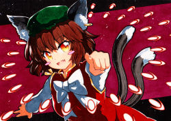 Rule 34 | 1girl, animal ears, arm up, bad id, bad pixiv id, black border, border, bow, brown hair, cat ears, cat tail, chen, danmaku, dress, earrings, green hat, hair between eyes, hands up, hat, holding, jewelry, long sleeves, looking at viewer, mob cap, multicolored eyes, open mouth, pointing, pointing at viewer, qqqrinkappp, red background, red dress, red eyes, short hair, single earring, smile, solo, tail, touhou, traditional media, white bow, white neckwear, white sleeves, yellow eyes