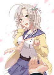 Rule 34 | 1boy, 1girl, antenna hair, breasts, cardigan, commentary request, cowboy shot, green eyes, grey hair, hair tie, highres, jewelry, kantai collection, kazuki kan, kinugasa (kancolle), looking at viewer, medium breasts, necktie, open mouth, pleated skirt, pov, purple sailor collar, purple skirt, remodel (kantai collection), ring, sailor collar, school uniform, serafuku, side ponytail, simple background, skirt, smile, solo focus, tsurime, wedding band, white background, yellow cardigan, yellow neckwear