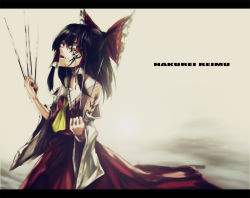 Rule 34 | 1girl, ascot, bad id, bad pixiv id, bare shoulders, between fingers, black hair, bow, crazy smile, detached sleeves, dress, dual wielding, facial tattoo, hair bow, hair tubes, hakurei reimu, holding, lastdark, letterboxed, long sleeves, looking at viewer, looking back, needle, open mouth, red dress, red eyes, smile, solo, tattoo, touhou, wide sleeves