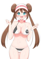 Rule 34 | 1girl, :d, absurdres, aikome (haikome), bikini, blush, bracelet, breasts, bright pupils, brown hair, commentary request, covered erect nipples, cowboy shot, creatures (company), double bun, game freak, green eyes, hair bun, hands up, happy, highres, jewelry, large breasts, long hair, looking at viewer, nintendo, open mouth, pokemon, pokemon bw2, rosa (pokemon), shiny skin, side-tie bikini bottom, simple background, smile, solo, swimsuit, twintails, visor cap, white background, white pupils