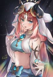 Rule 34 | 1girl, bare shoulders, blue eyes, blush, bow, breasts, brooch, circlet, clothing cutout, crop top, detached sleeves, forehead jewel, genshin impact, glint, gold trim, hand up, highres, jewelry, konata (knt banri), long hair, long sleeves, looking at viewer, low twintails, medium breasts, navel, neck ring, nilou (genshin impact), outstretched hand, parted bangs, parted lips, puffy long sleeves, puffy sleeves, red hair, skirt, smile, solo, sparkle, stomach, twintails, vambraces, veil, vision (genshin impact)