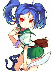 Rule 34 | 1girl, bachera, bag, bare legs, blue hair, bracelet, cat, earrings, female focus, flat chest, gradient background, hand on own chest, highres, jewelry, knife, kukri, looking at viewer, original, pleated skirt, red eyes, school uniform, serafuku, shoulder bag, simple background, skirt, solo, twintails, white background