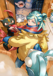Rule 34 | 1boy, altaria, blue mittens, blue scarf, cetoddle, commentary request, creatures (company), door, game freak, gen 2 pokemon, gen 3 pokemon, gen 8 pokemon, green eyes, green hair, grusha (pokemon), half updo, highres, indoors, jacket, long sleeves, male focus, mittens, nintendo, open mouth, orange mikan, pants, pokemon, pokemon (creature), pokemon sv, scarf, sneasel, snom, snowman, standing, striped clothes, striped scarf, teeth, tongue, wooden floor, yellow jacket