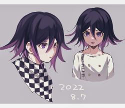 Rule 34 | 2boys, :d, :o, black hair, bojue (hakus 1128), buttons, checkered clothes, checkered scarf, commentary, danganronpa (series), danganronpa v3: killing harmony, dated, double-breasted, flipped hair, grey background, hair between eyes, highres, male focus, multicolored hair, multiple boys, open mouth, oma kokichi, pink eyes, pink hair, portrait, scarf, short hair, smile, symbol-only commentary, two-tone background, two-tone hair