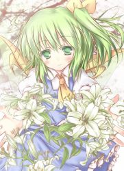 Rule 34 | 1girl, ascot, bad id, bad pixiv id, blush, bow, colored eyelashes, daiyousei, dress, female focus, flower, green eyes, green hair, hair ribbon, hasuga sea, light smile, lily (flower), looking at viewer, matching hair/eyes, outstretched arms, ribbon, short hair, side ponytail, smile, solo, tareme, touhou, wings, yousei daisensou