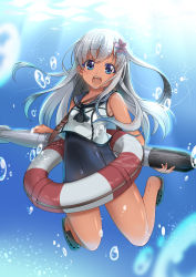 Rule 34 | 10s, 1girl, absurdres, arms behind back, blonde hair, blue eyes, blush, crocs, crop top, flower, hair flower, hair ornament, highres, innertube, kantai collection, long hair, looking at viewer, open mouth, ro-500 (kancolle), sailor collar, school swimsuit, school uniform, sesield, smile, solo, swim ring, swimsuit, swimsuit under clothes, tan, tanline, torpedo, underwater
