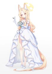 Rule 34 | 1girl, absurdres, animal, animal ears, bird, blonde hair, blue archive, blush, choker, closed mouth, dress, elbow gloves, flat chest, flower, fox ears, fox tail, full body, gloves, gradient background, halo, highres, long hair, looking at viewer, picter, seia (blue archive), shoes, smile, solo, tail, wedding dress, white bird, white choker, white dress, white flower, white footwear, white gloves, yellow eyes, yellow halo